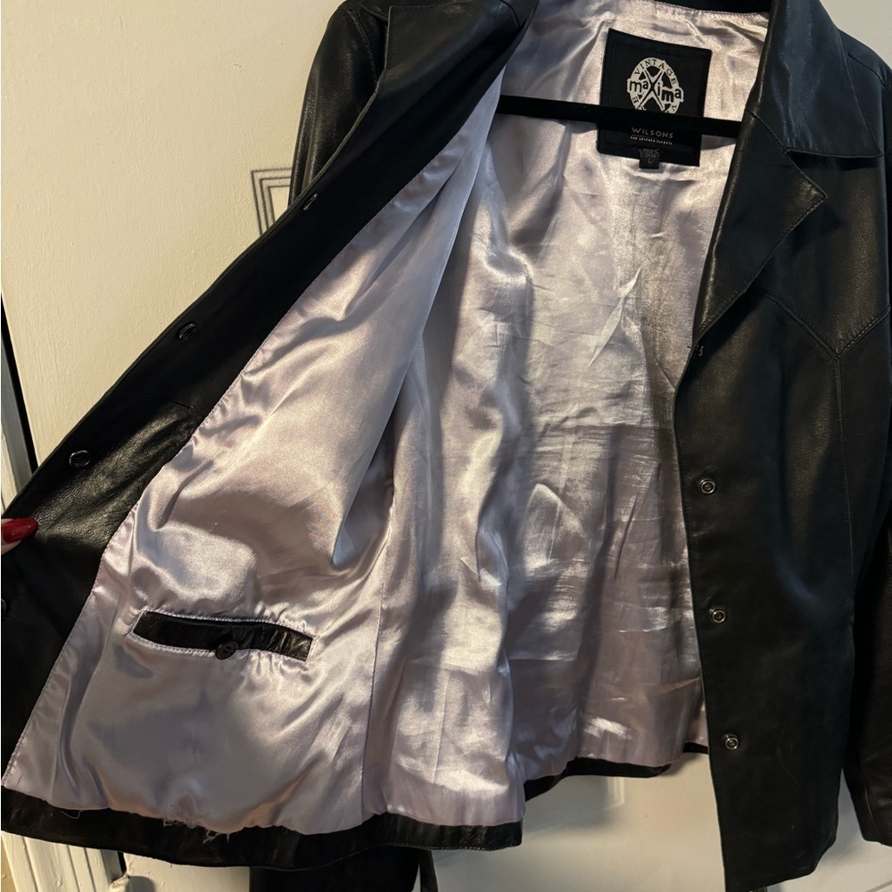 Wilsons Leather Vintage 90s Maxima Jacket Tie Belt Cinch Waist Button Up Collar - Picture 7 of 16